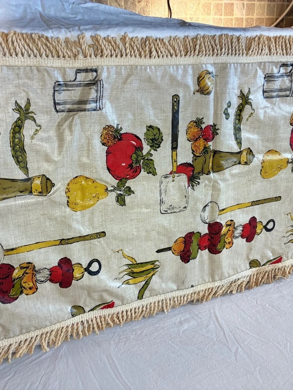 Vintage Reversible Table Runner with Red Gingham and Vegetable Print, Fringed